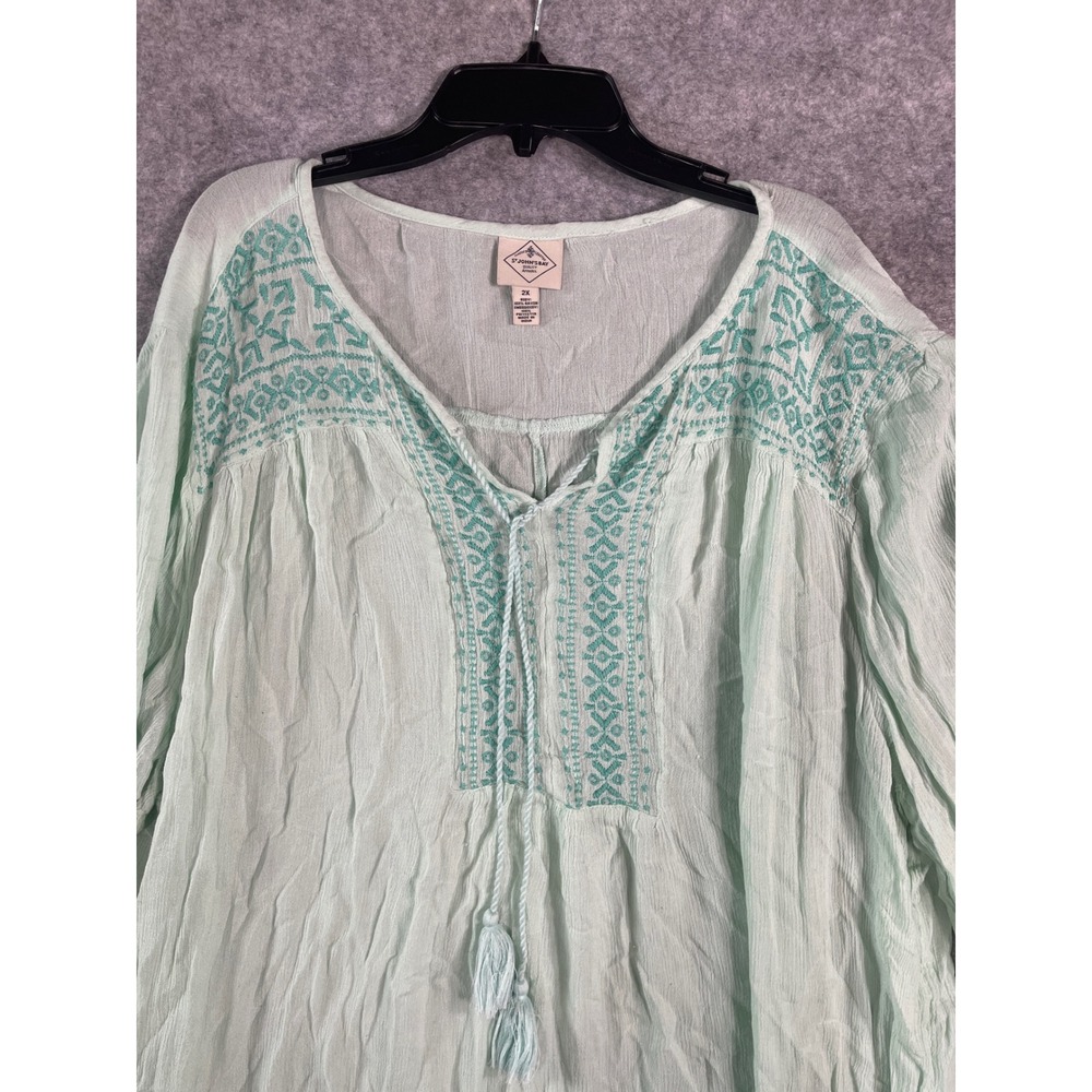 St Johns Bay Mint Green Embroidered Peasant Blouse Tassel Tie Top Womens 2X - Picture 2 of 8